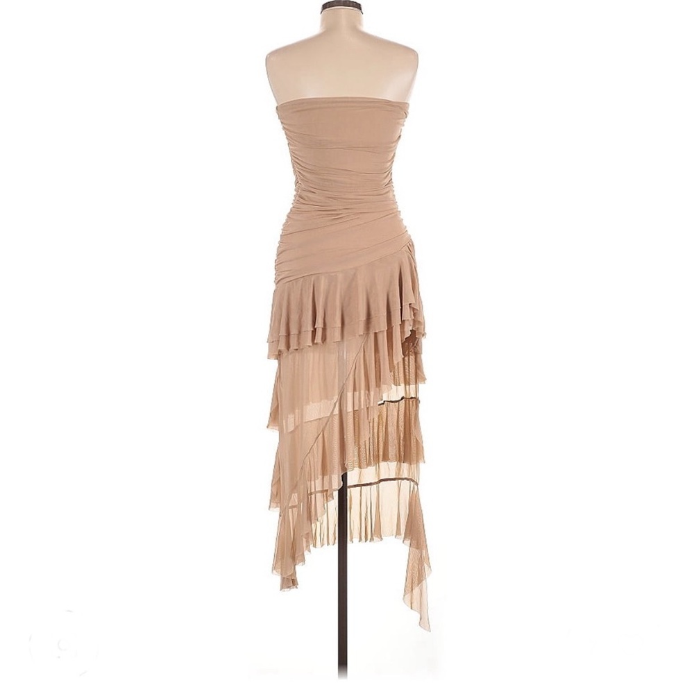 NWT Micas Khaki Strapless Ruffle Asymmetrical Midi Dress